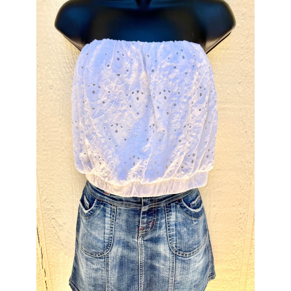 Express White Eyelet Strapless Bubble Tube Top Embroidered Cotton Boho Small